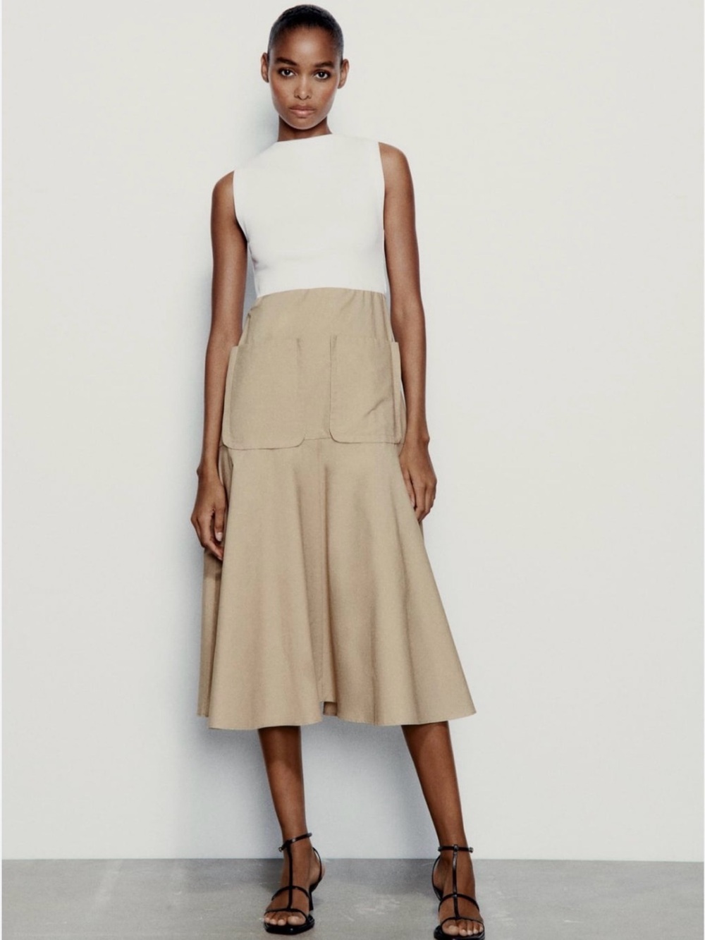 ZARA Midi Dress with Pockets Sleeveless Dress Beige Skirt, White Top Size Small - Picture 2 of 11